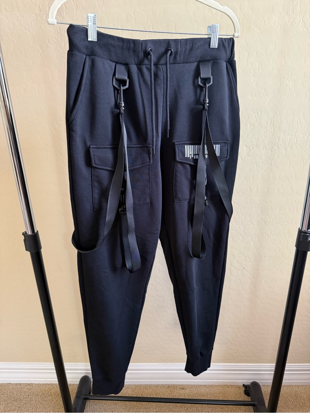 Men's Black Utility Jogger Sweatpants with Strap Details